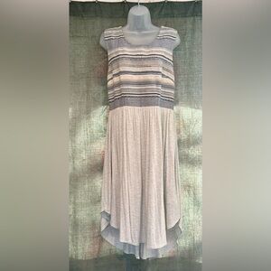 Sleeveless knit midi dress (large) in denim tones on oatmeal from Anthropologie